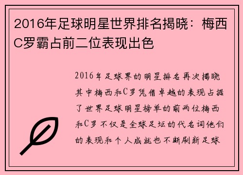 2016年足球明星世界排名揭晓：梅西C罗霸占前二位表现出色