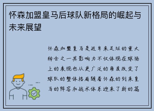 怀森加盟皇马后球队新格局的崛起与未来展望