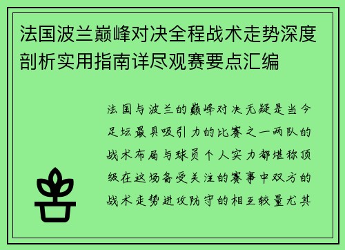 法国波兰巅峰对决全程战术走势深度剖析实用指南详尽观赛要点汇编